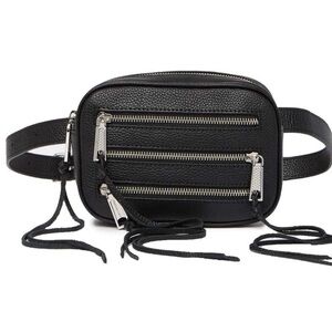 Rebecca Minkoff Chic Black Pebbled Leather 3 Zip Fringe Belt Bag